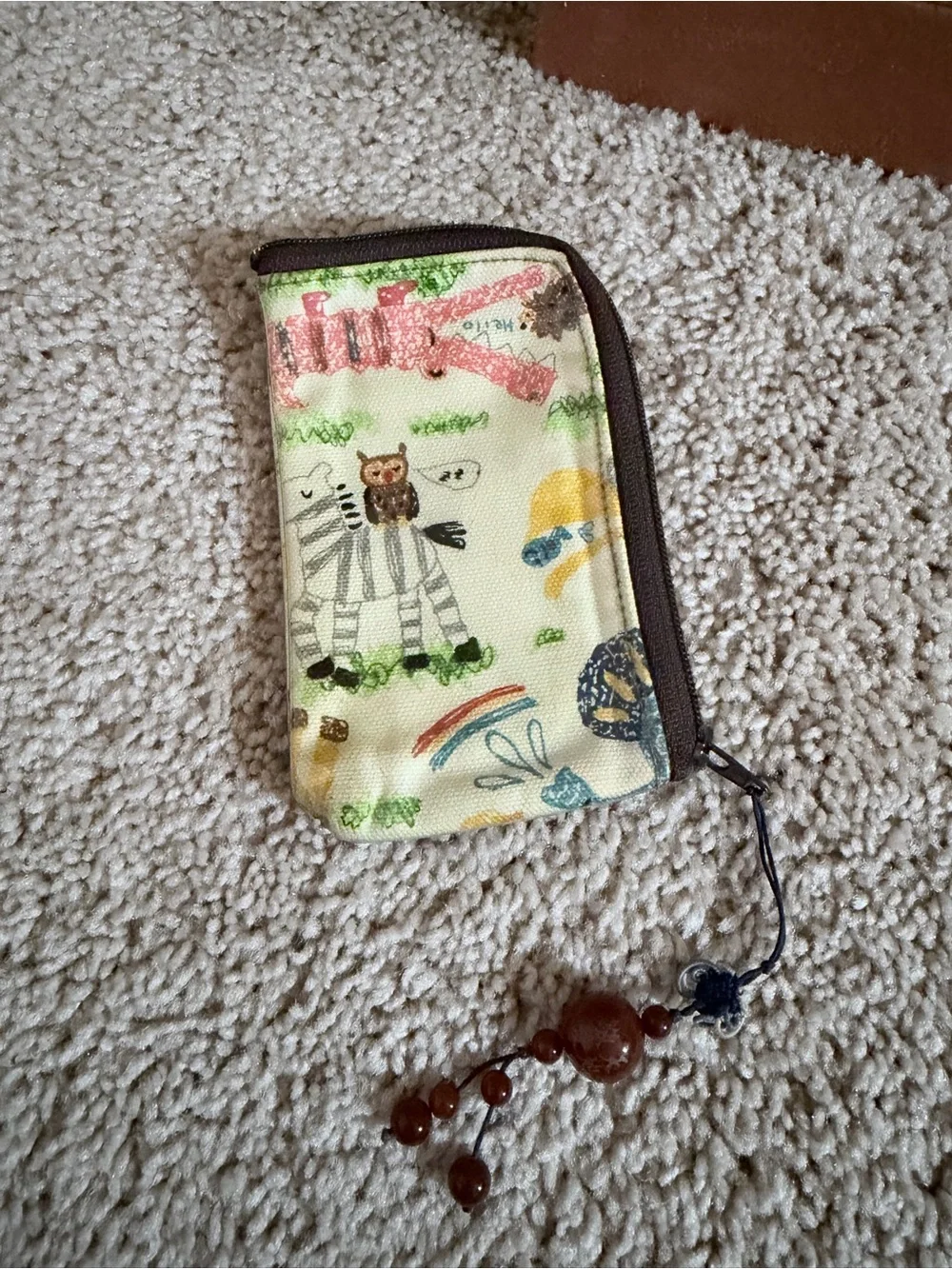 Cream Cartoon Zip Wallet with Brown Trim water resistant